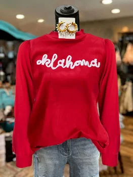 Oklahoma Niťou Vyšívané Dlhý Rukáv Ležérny Top Ženy Oblečenie 2023 Nových Prírastkov Shirts & Blúzky Pre Ženy