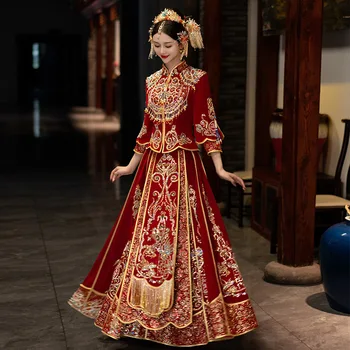 Vintage Elegent Moderných Ázijských Červená Velúrové Výšivky Oblečenie Tradičnej Čínskej Štýl Nevesta Svadobné Šaty Toast Cheongsam