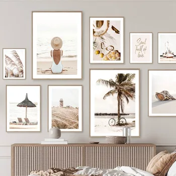 Béžová Pláž Palm Požičovňa Plachetnici Žena Reed, Citrón Conch Wall Art Plátno Na Maľovanie A Potlačou Obrazov Na Stenu Pre Obývacia Izba Dekor