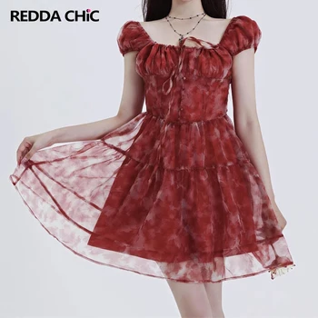 REDDACHiC Elegantné a krásne Ženy Červené Kvetované Mini Šaty-ramenný plesové Šaty Cute Vrstvený Prehrabať Princess Tutu Koktejlové Šaty