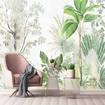 Prirodzené a Svieže Ručne maľované Tapety Tropických Lesov nástenná maľba Zelená Rastlina Listy Tapety pre Obývacia Izba Pozadí