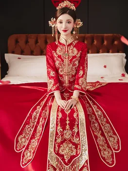 Nevesta Čínsky Štýl, Toast Oblečenie Vintage Flitrami Lištovanie Strapce Svadobné Šaty