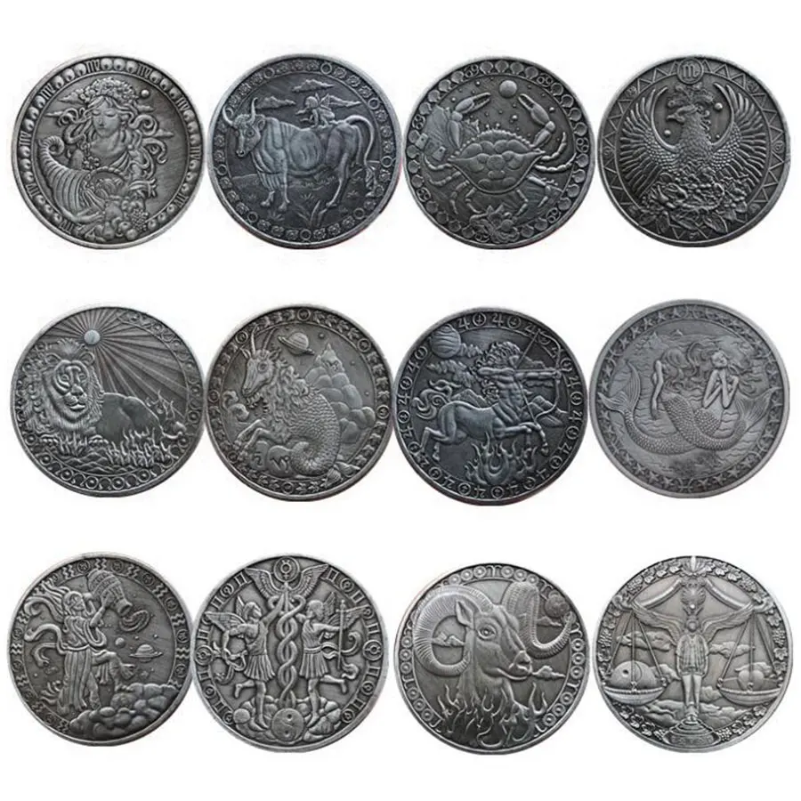 Dvanásť Súhvezdí medailónky Antické mince Razené Cacer Mince Love morskej panny Boh Slnka Mince Domáce Dekorácie 12 Mince zber