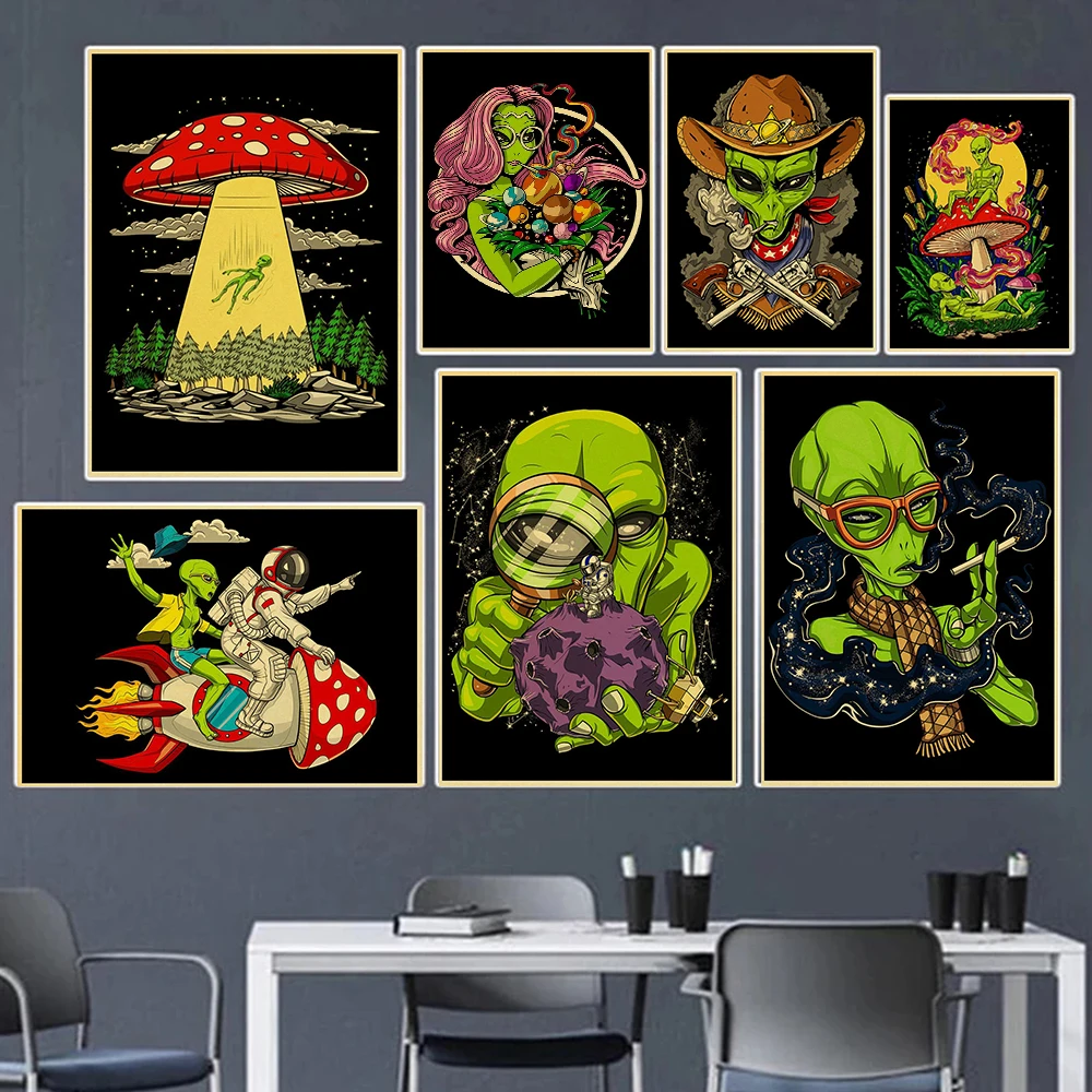 Psychedelický UFO Cudzie Vintage Poster Tlačí Na Obývacia Izba Domova Estetické Trippy Húb Plátno na Maľovanie na Stenu Umenie Cuadro