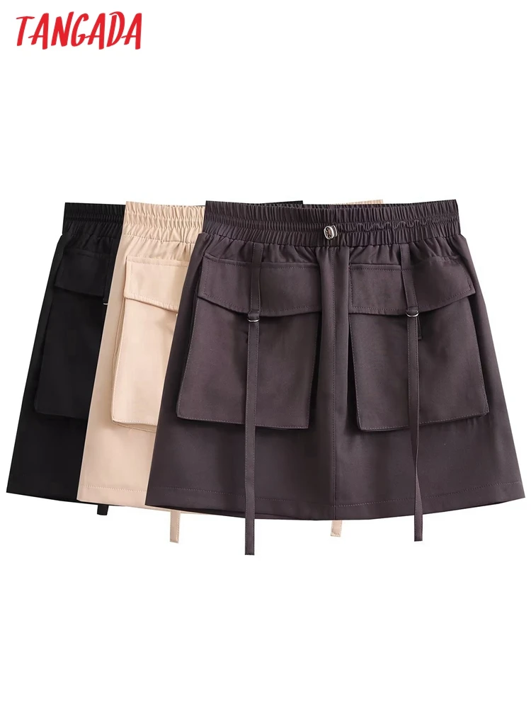 Tangada 2023 Ženy Vrecku Mini Sukne Vintage Vysoký Pás Strethy Ženské Sukne QJ110